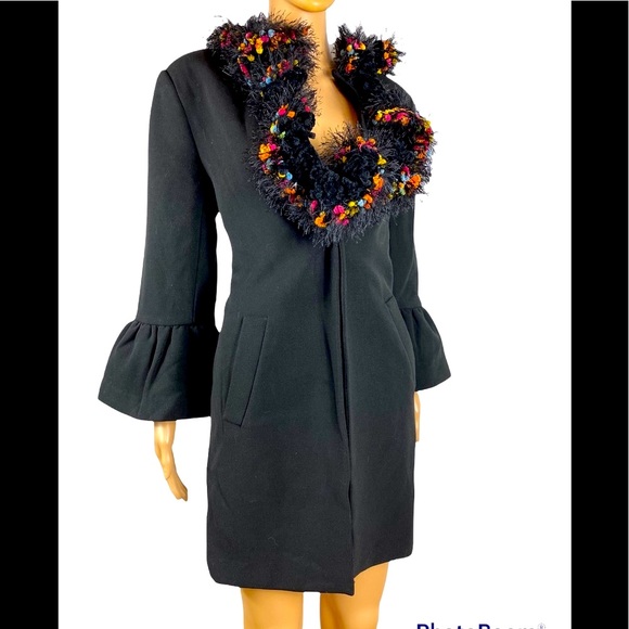 Catherine Malandrino black bell sleeve coat with handmade neck scarf size 8 - Picture 4 of 9